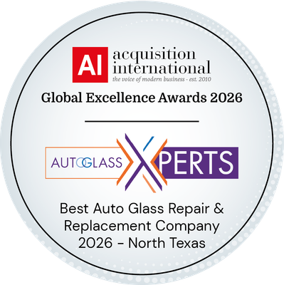 Award badge for Autoglass Xperts, AI Acquisition International Global Excellence Awards 2026, North Texas.