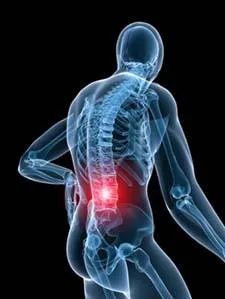 A skeleton of a man with back pain.