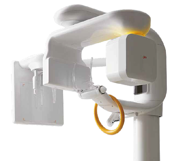 A dental x-ray machine with a yellow ring attached to it.