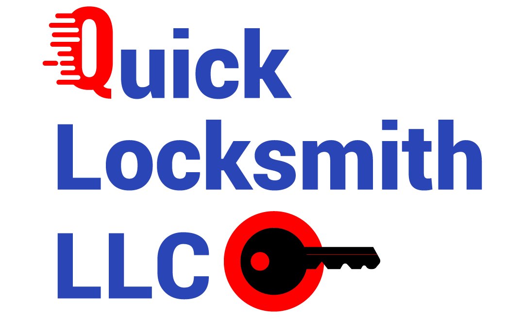 Logo for Quick Locksmith LLC; Blue text with a red