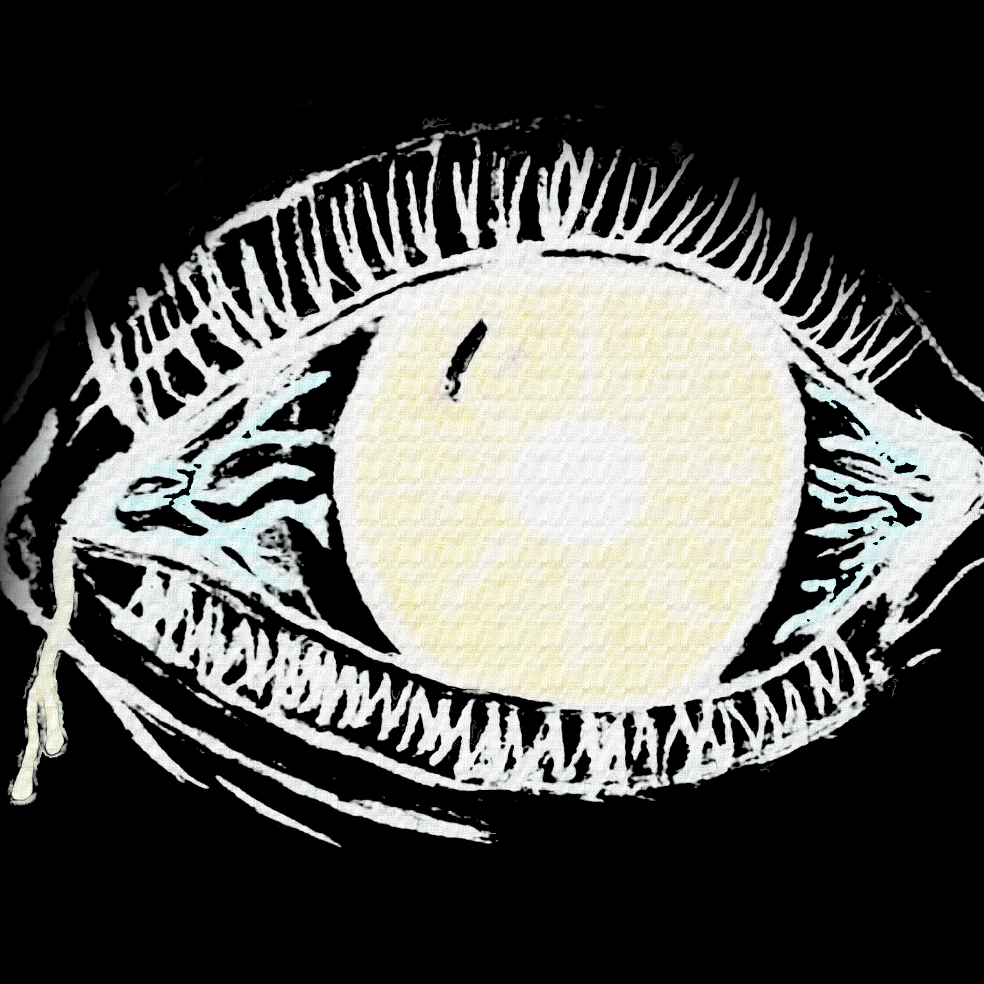 White-outlined eye with large, pale iris and long lashes, against black background.