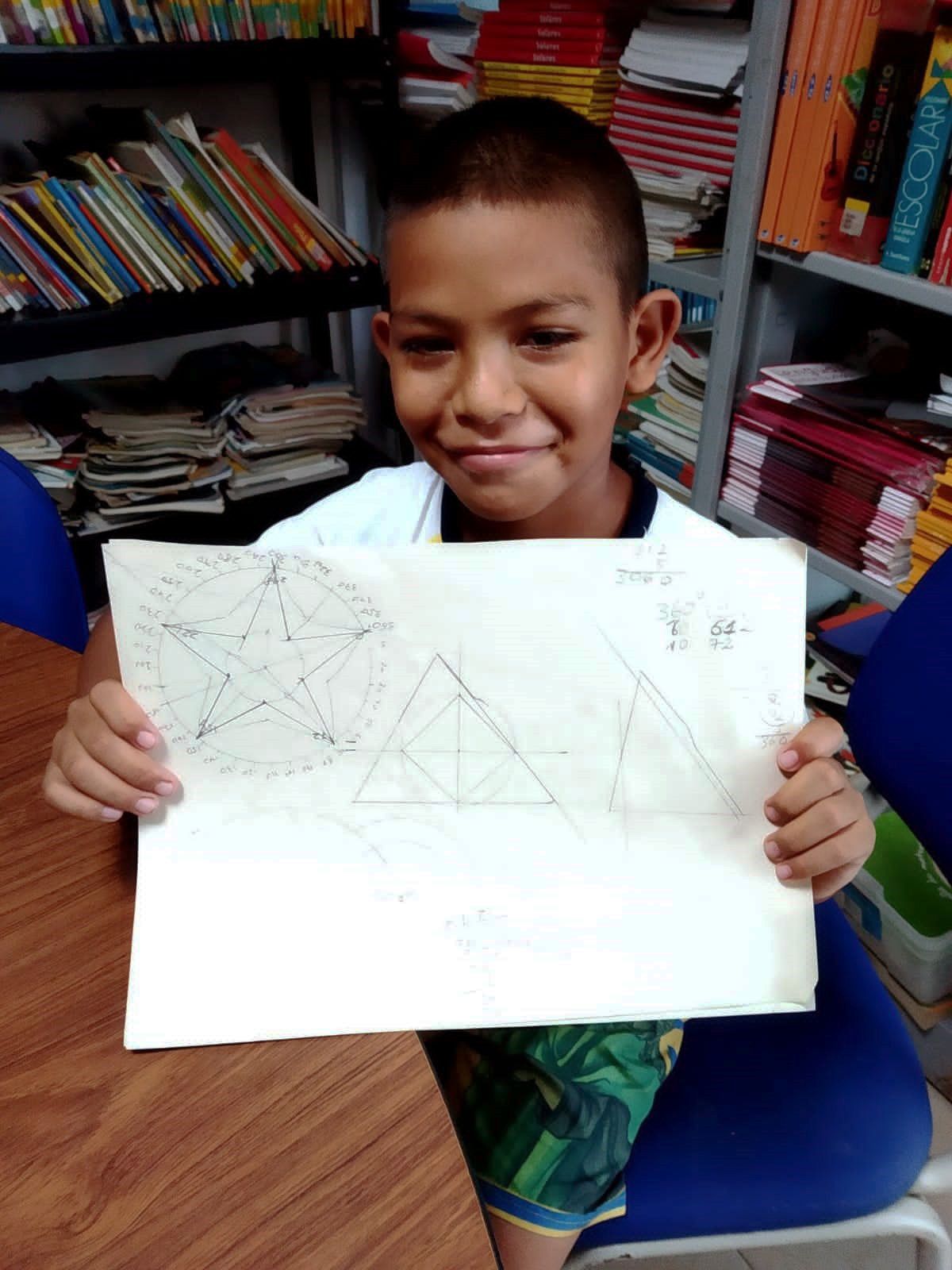 A young boy is holding a piece of paper with a drawing on it