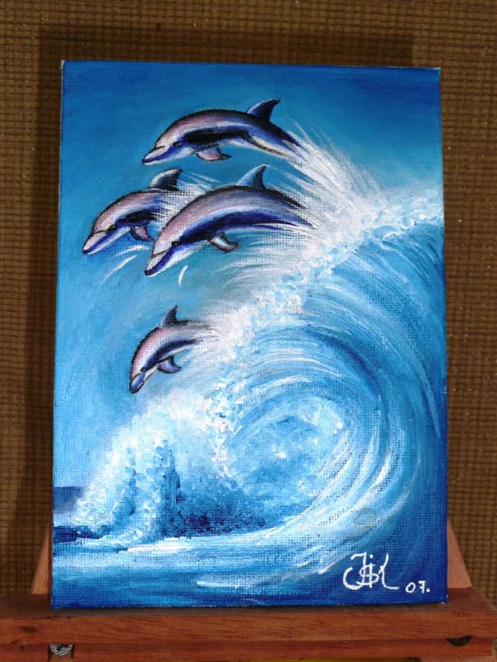 A painting of dolphins jumping out of the water