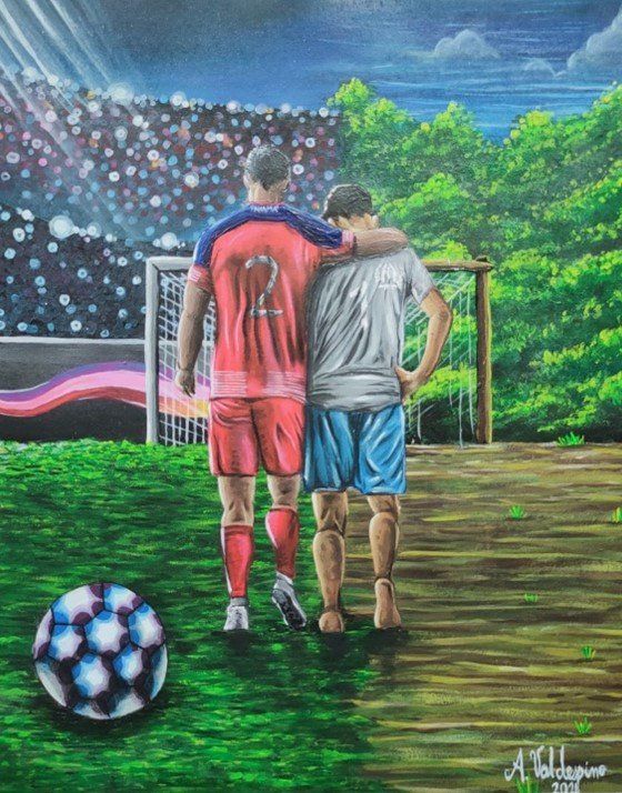 A painting of two soccer players standing next to each other