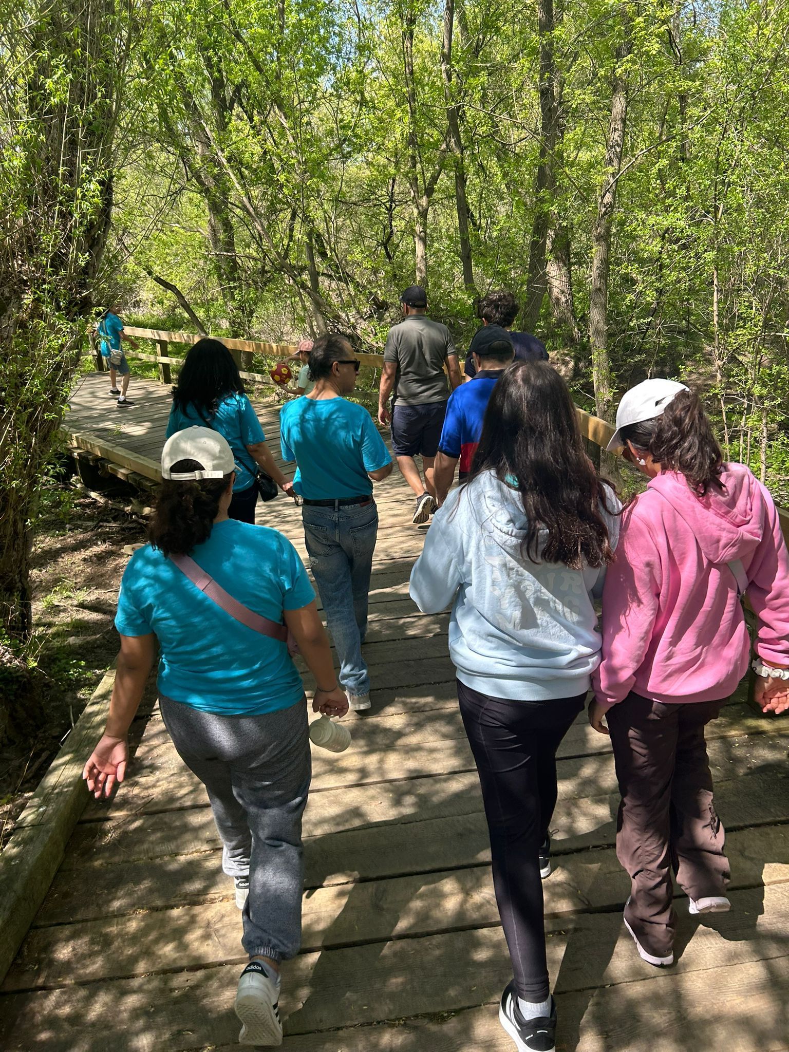 A group of people are walking down a wooden path in the woods.