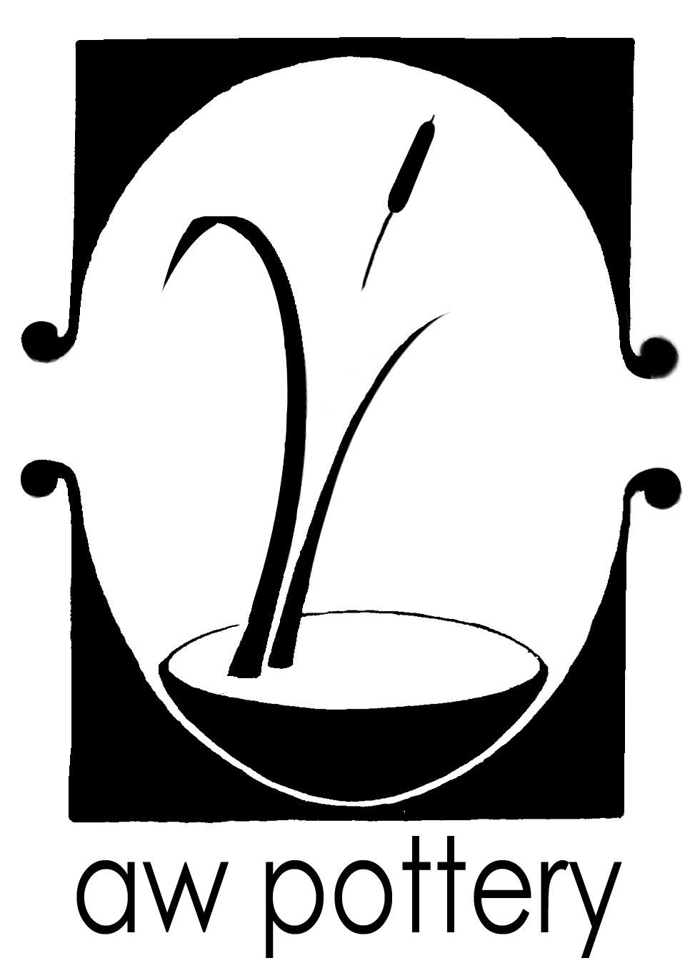 A black and white logo for aw pottery with a bowl and a plant in it.