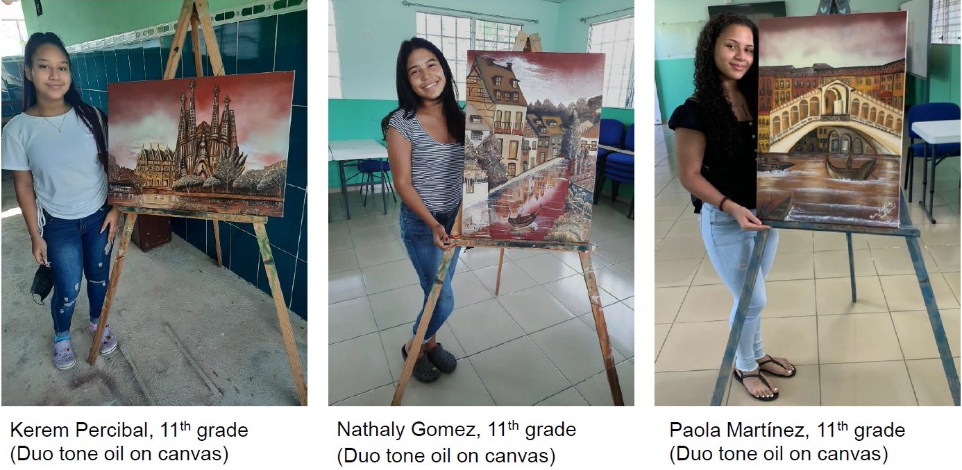 Three girls are standing in front of a painting on an easel.