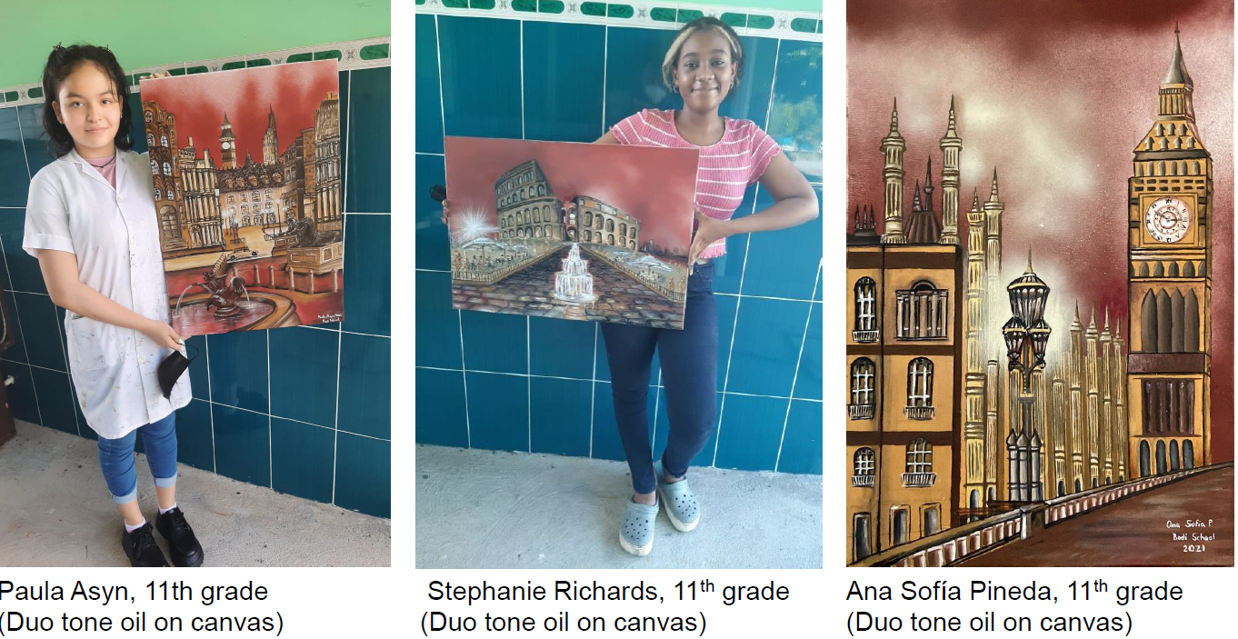 A girl is holding a painting of a castle and big ben