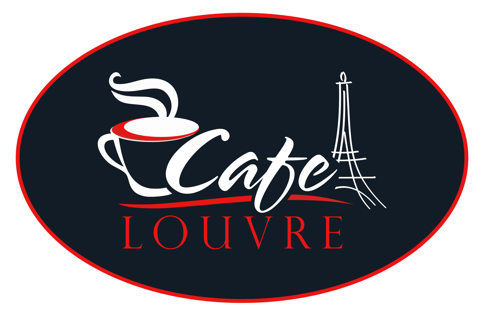 A logo for cafe louvre with a cup of coffee and the eiffel tower.