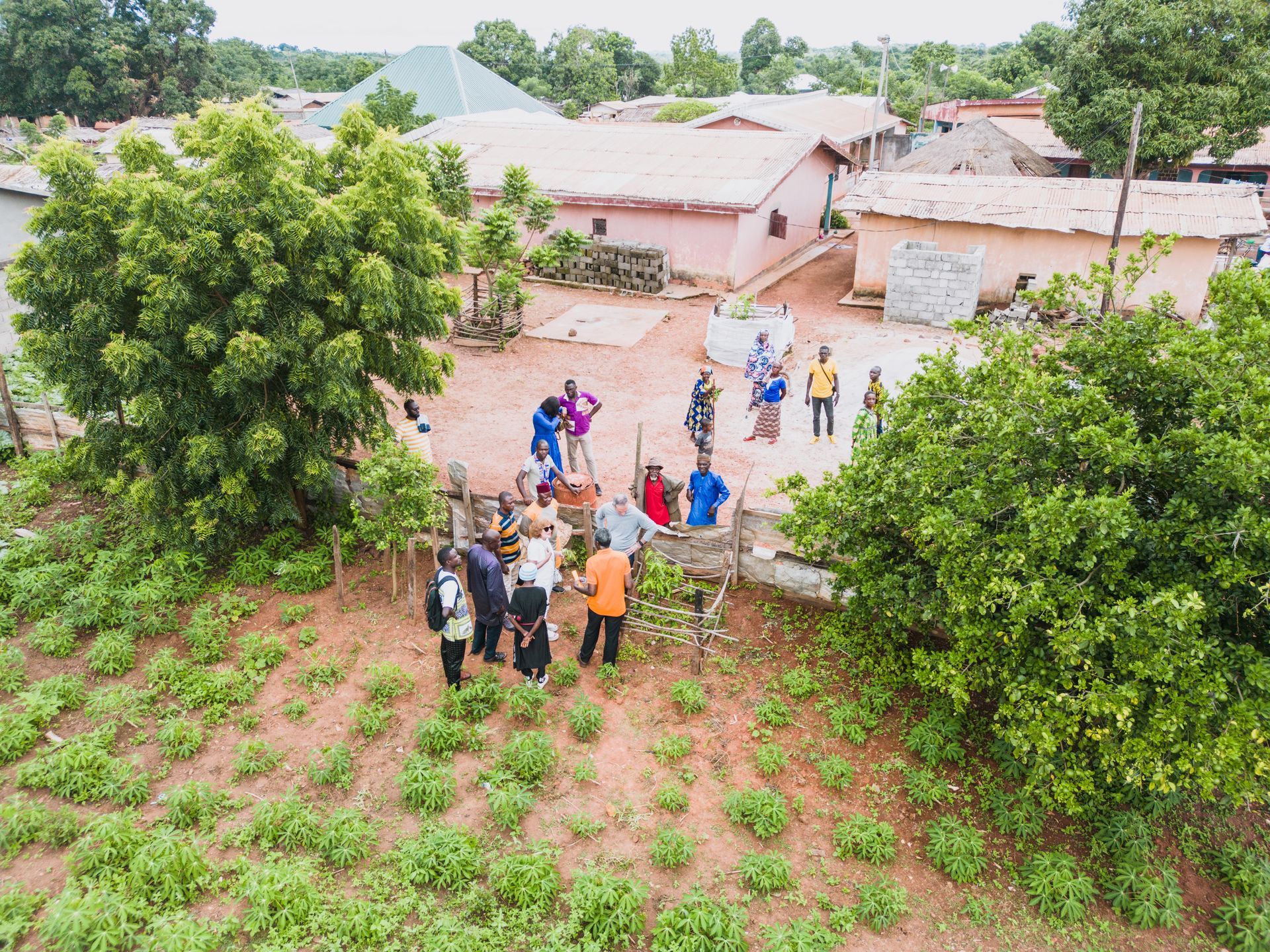 An aerial view of a group of people standing in a field.