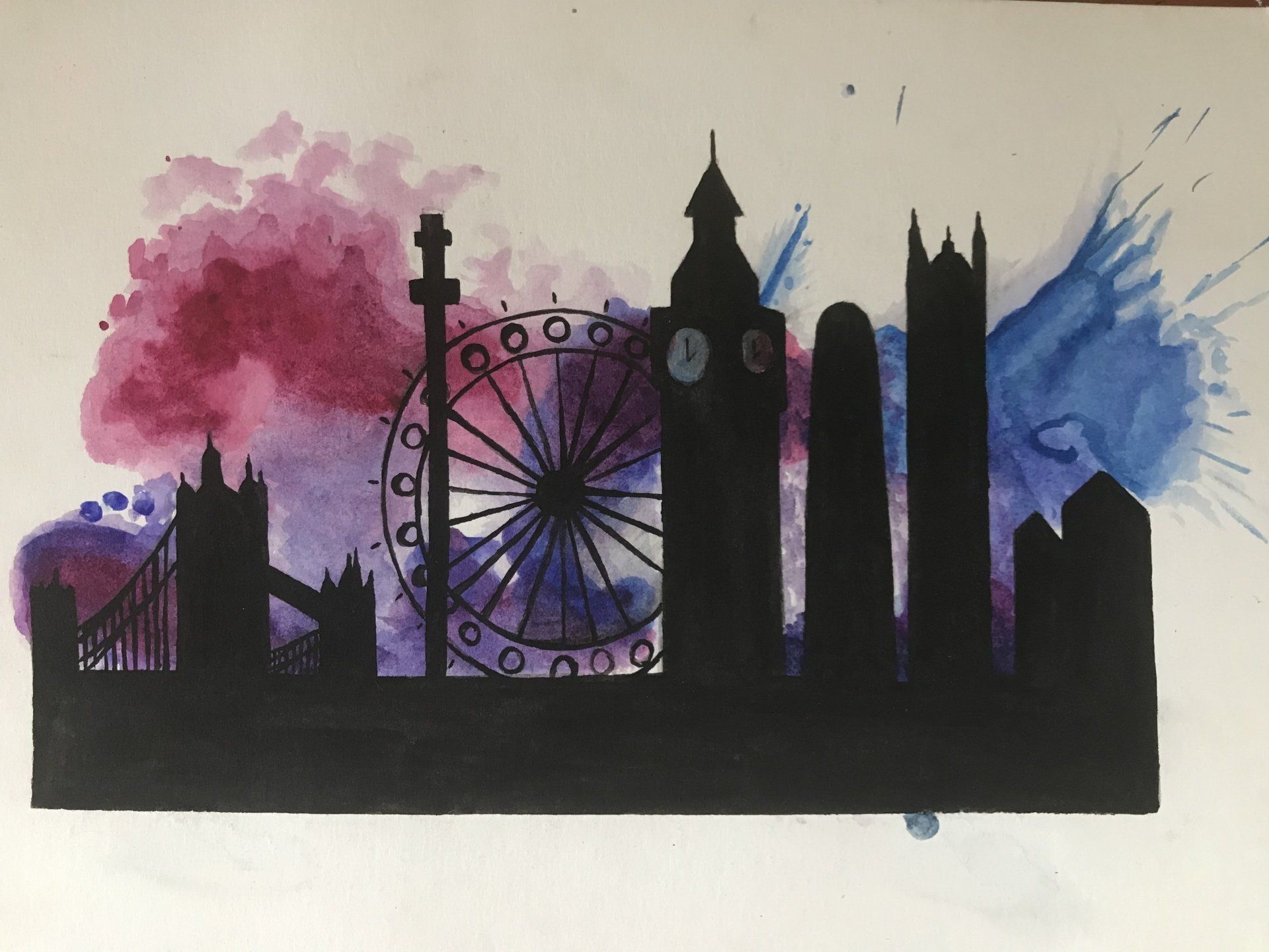 A painting of a city skyline with a ferris wheel in the foreground