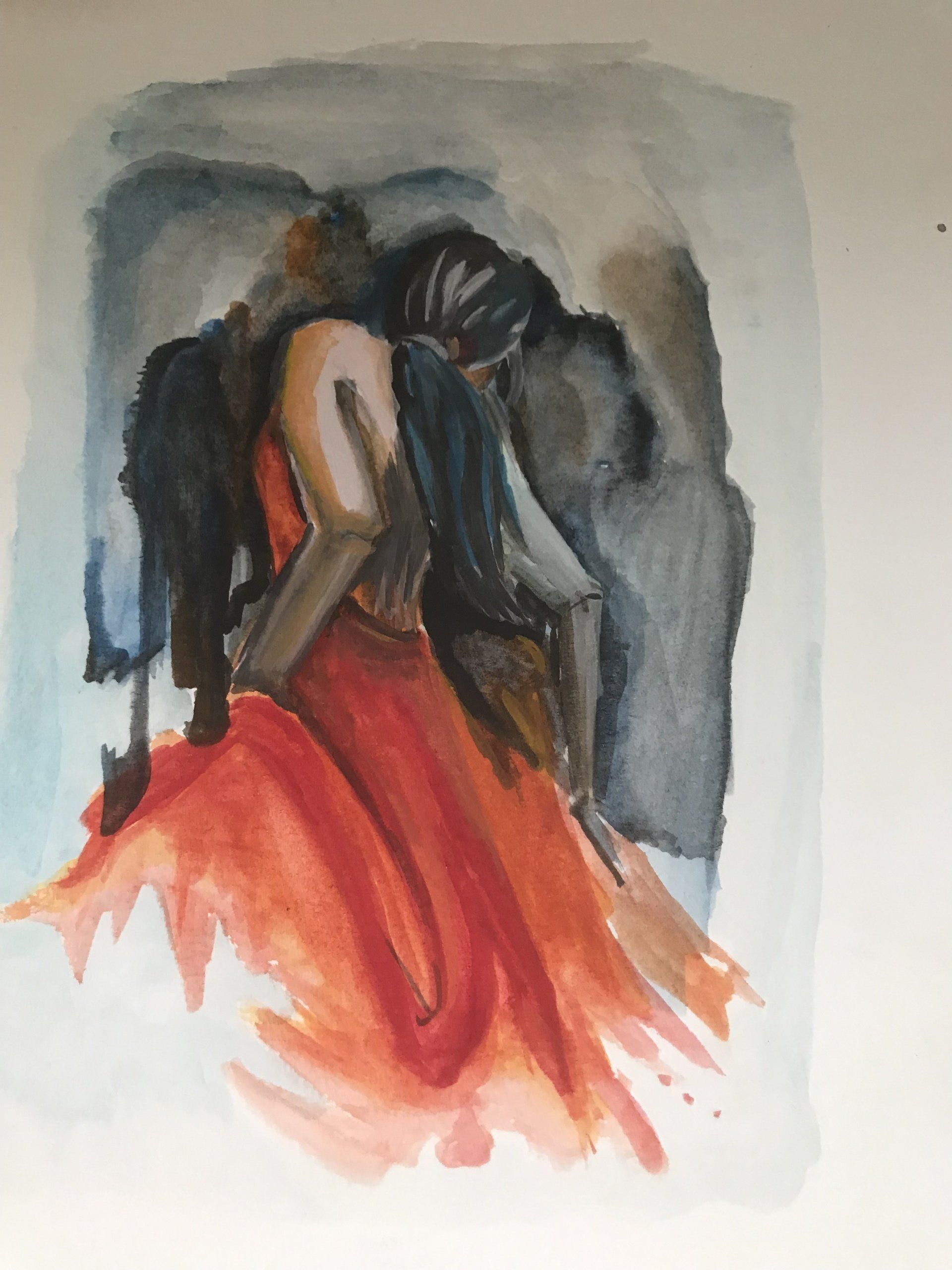 A painting of a woman in a red dress