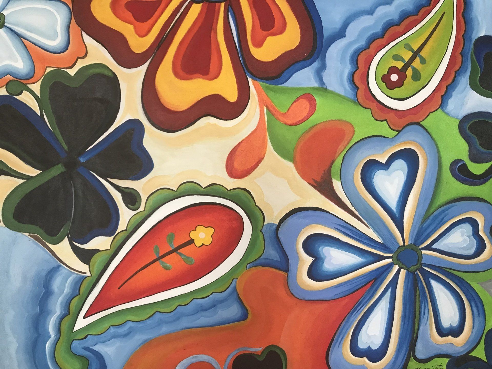 A colorful painting of flowers and paisley on a blue background