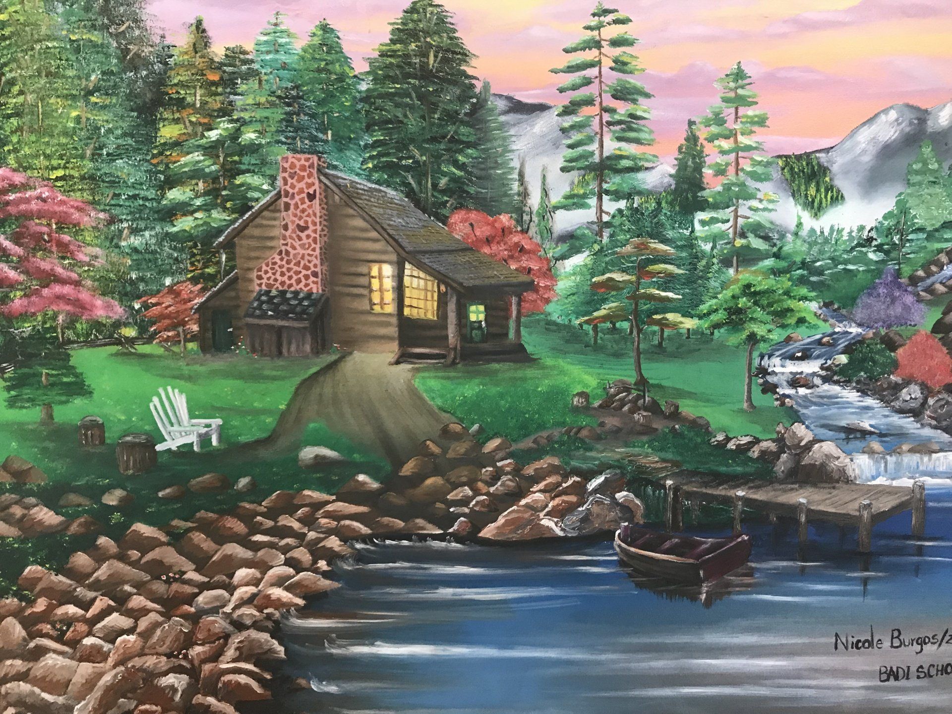 A painting of a cabin in the woods near a river