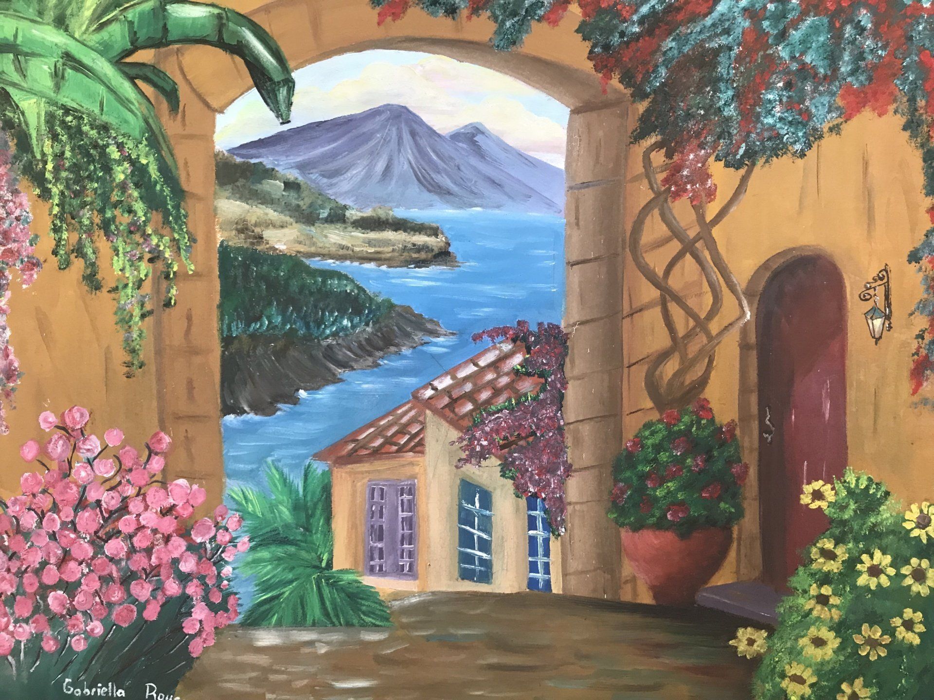 A painting of a house with a view of the ocean
