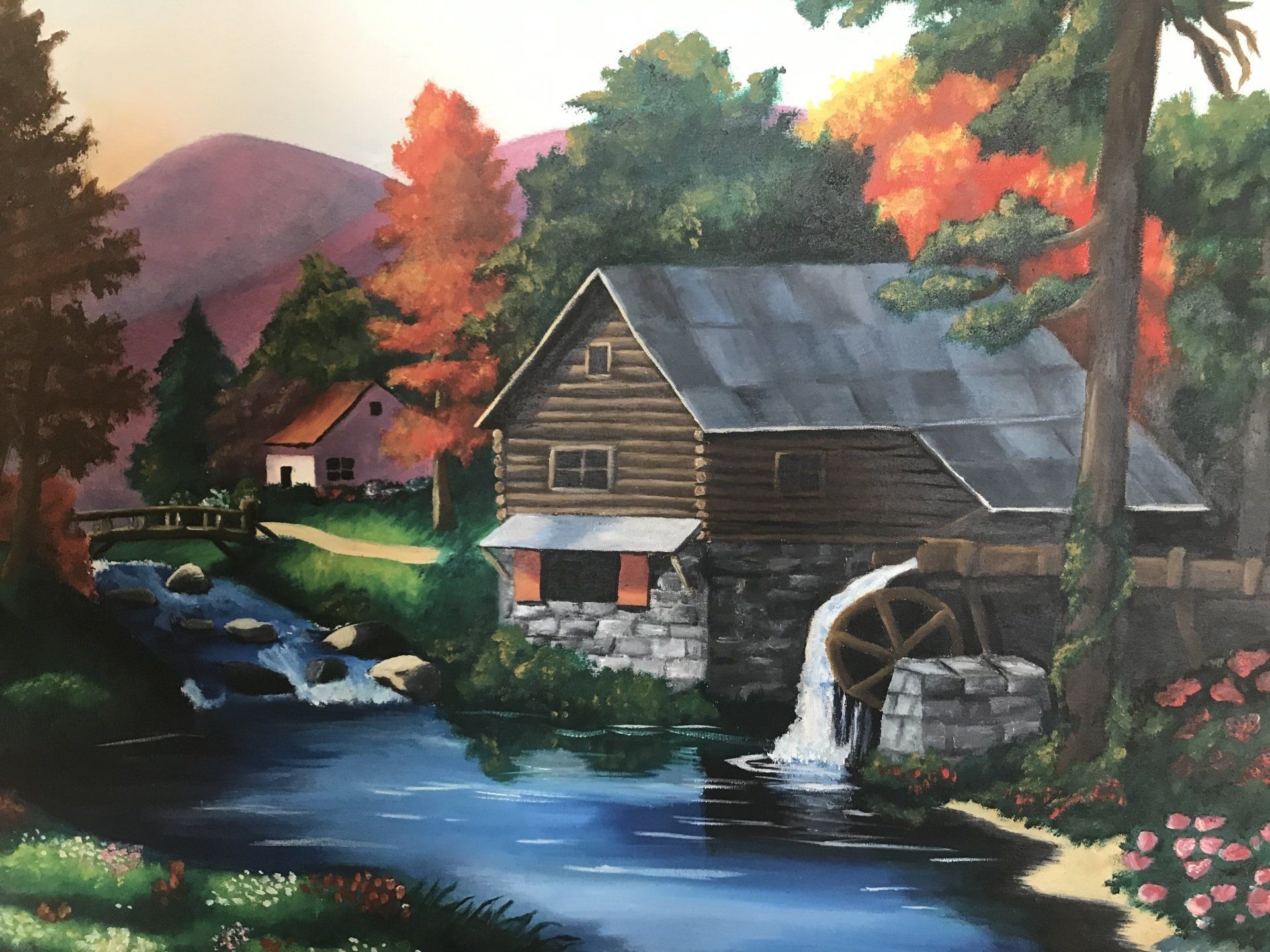 A painting of a water mill in the woods