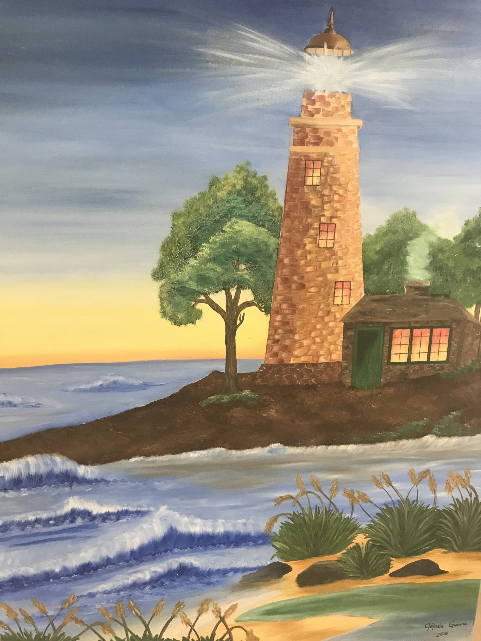 A painting of a lighthouse on a small island in the middle of the ocean.