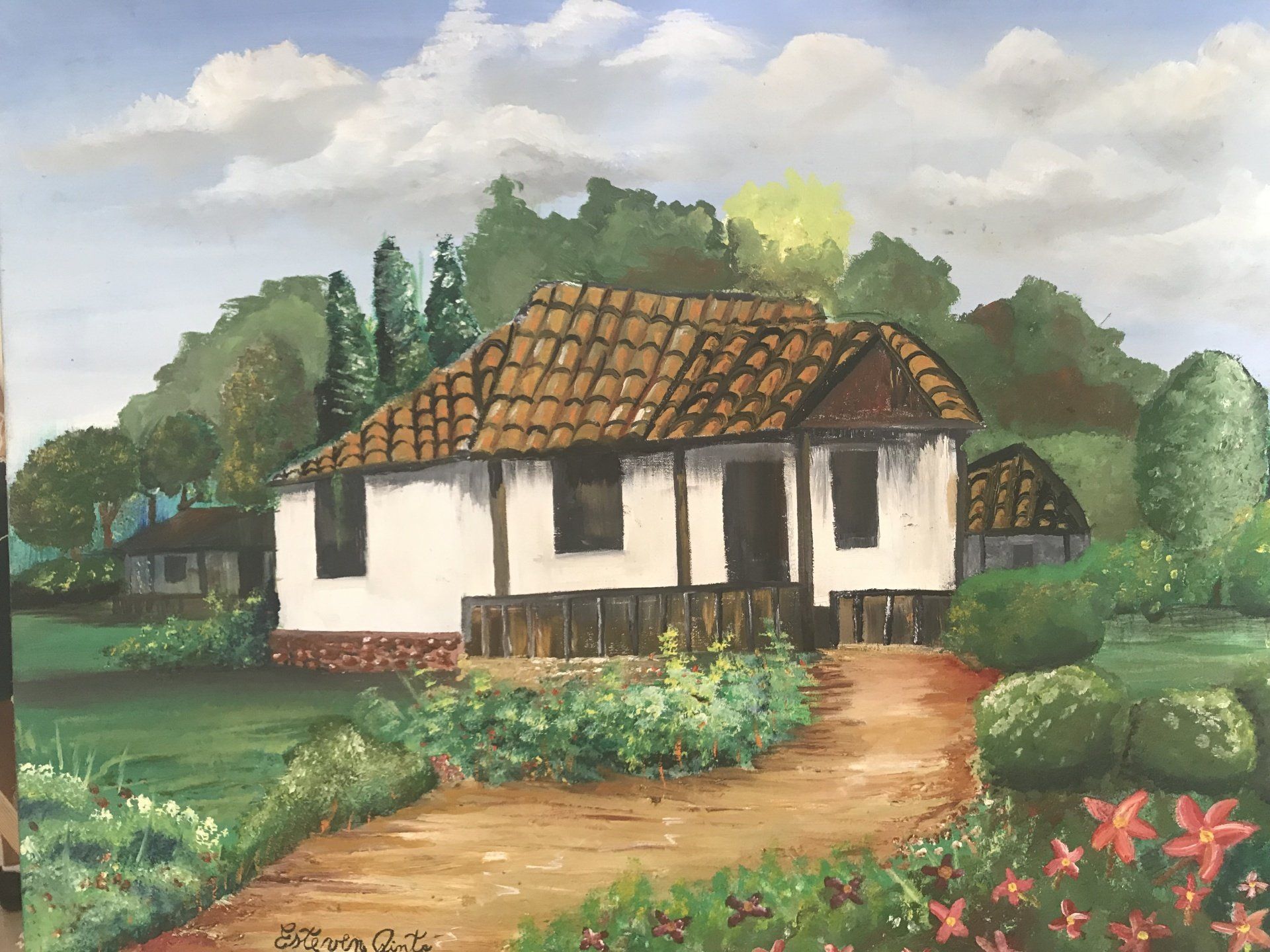A painting of a house with a tiled roof