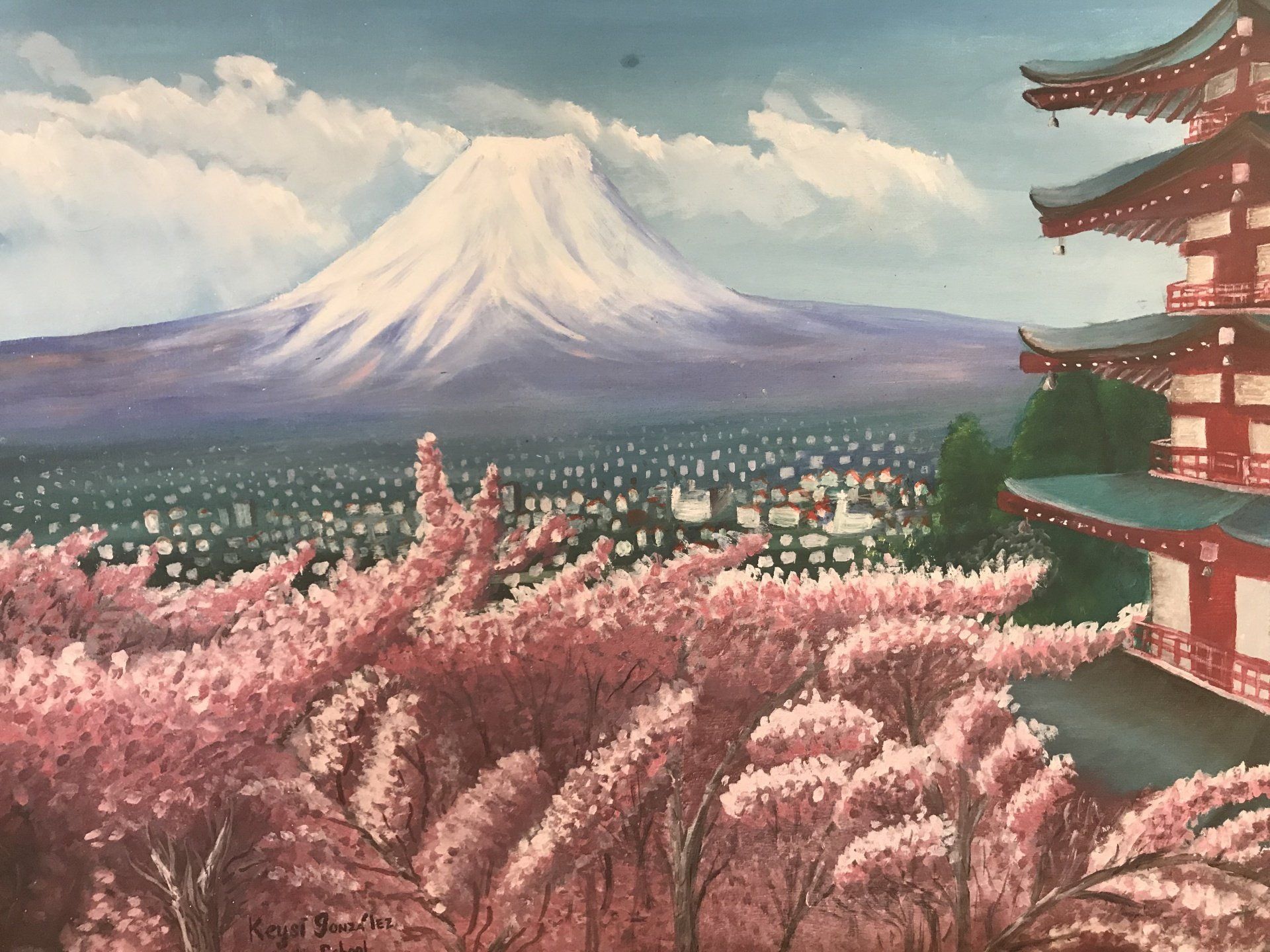 A painting of a pagoda with a mountain in the background