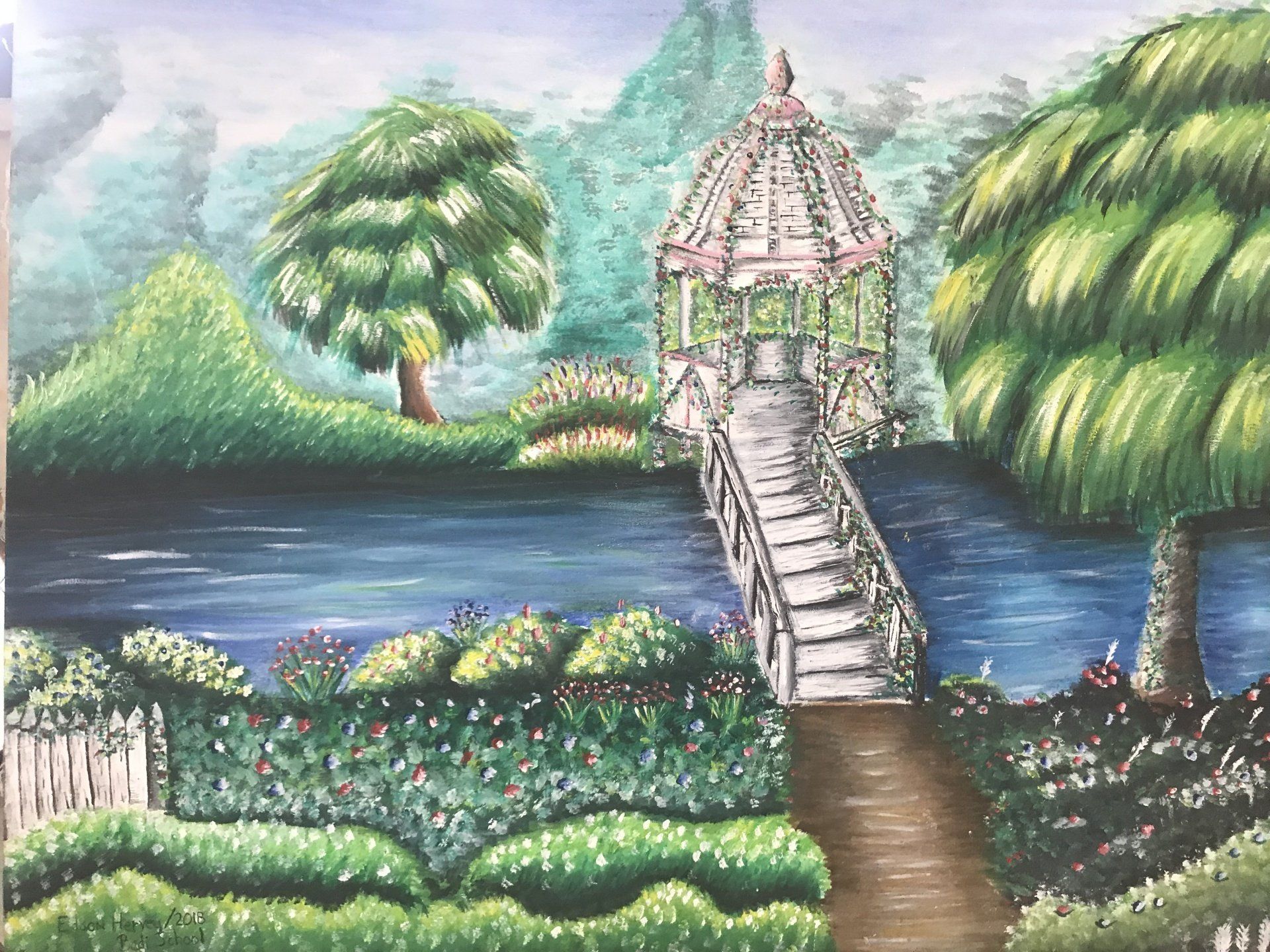 A painting of a gazebo overlooking a body of water