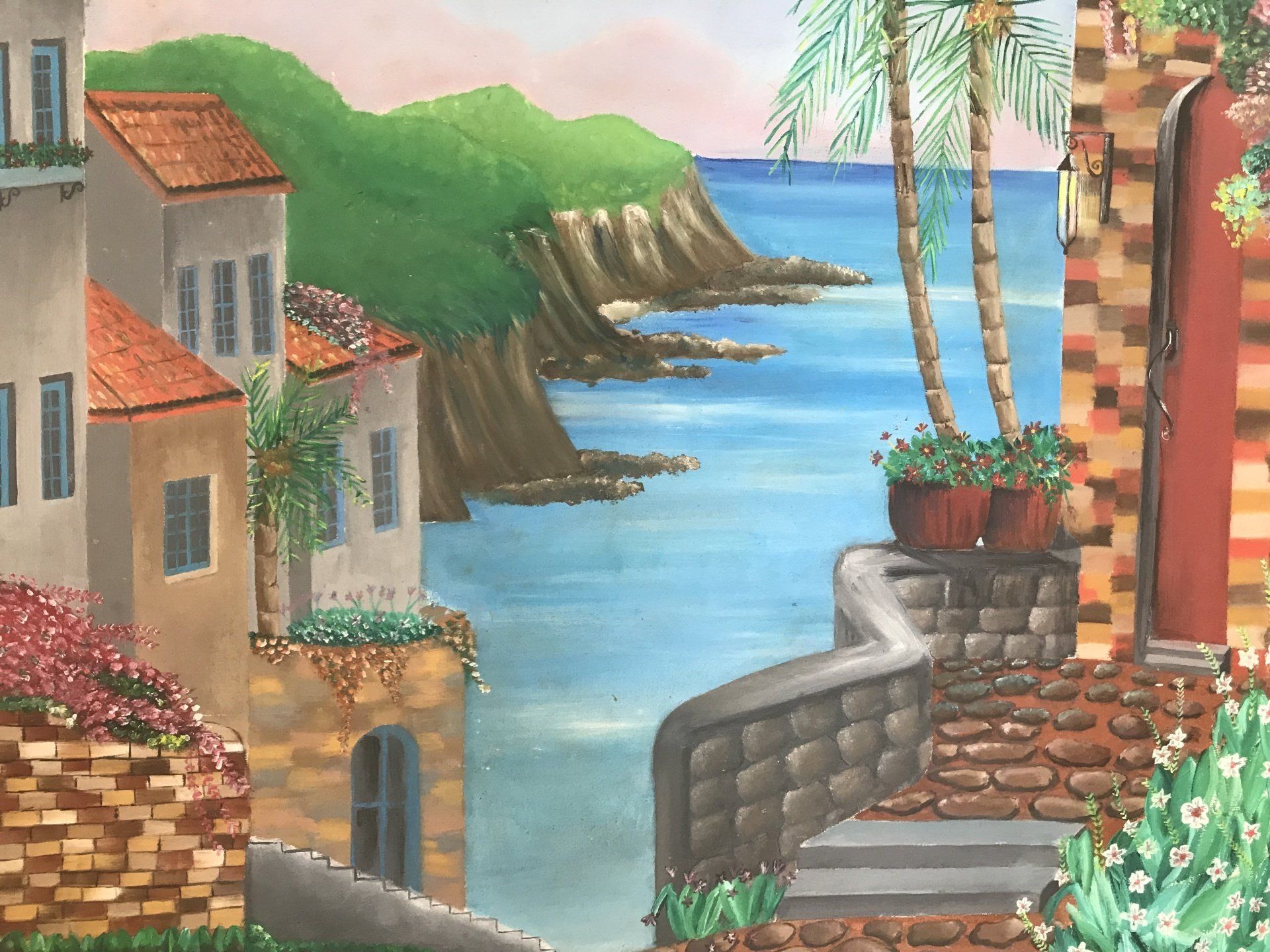 A painting of a house on a cliff overlooking the ocean