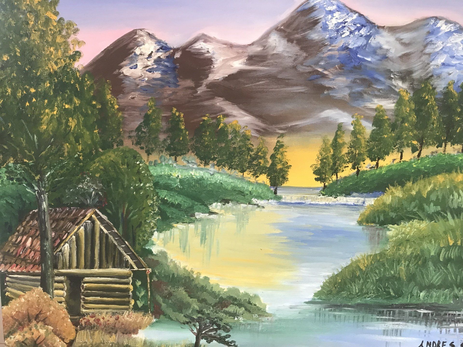A painting of a cabin by a river with mountains in the background
