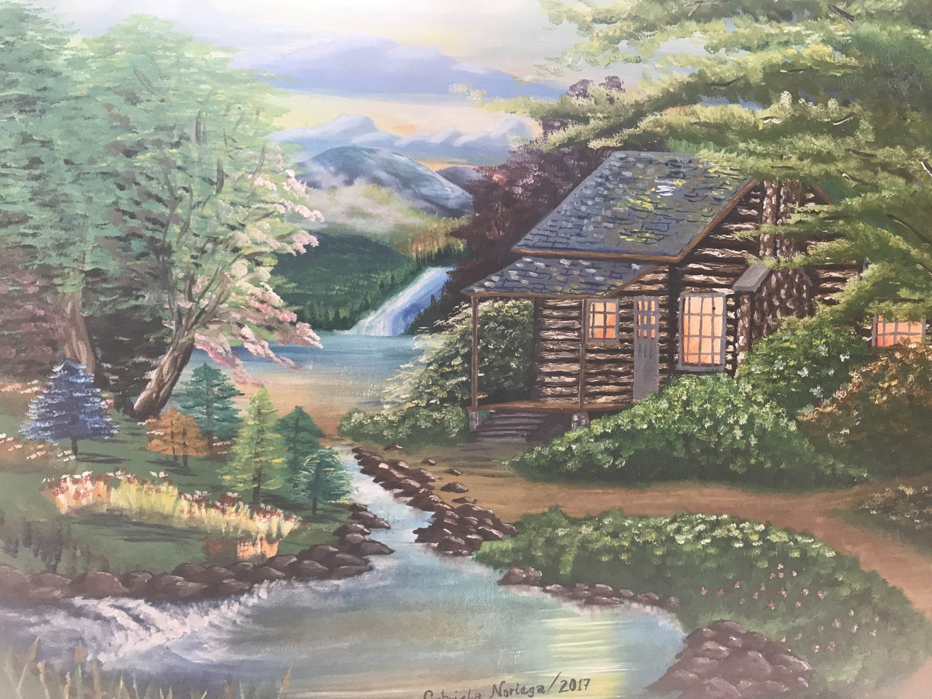 A painting of a log cabin in the woods next to a river