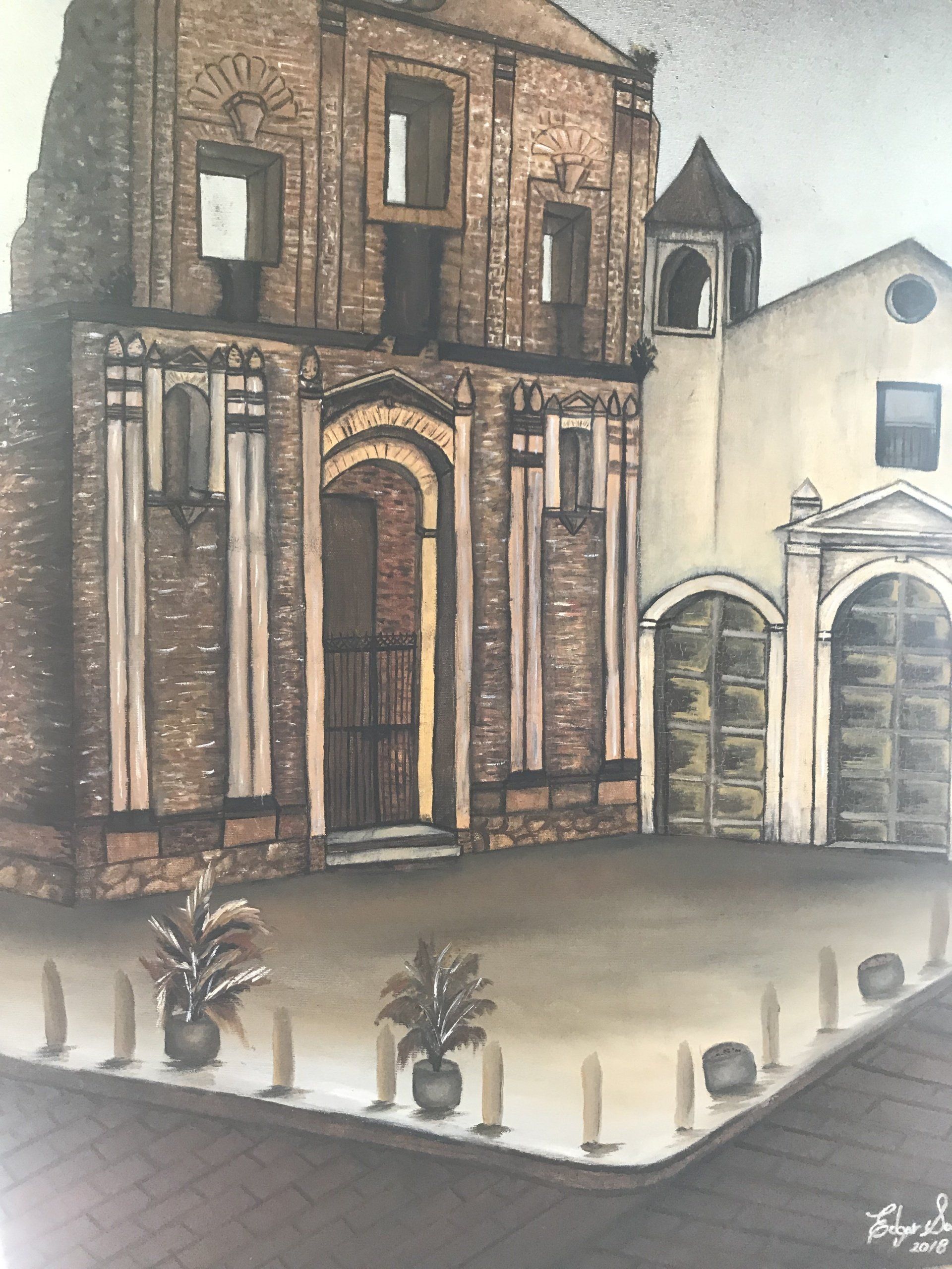 A painting of a building with a few potted plants in front of it