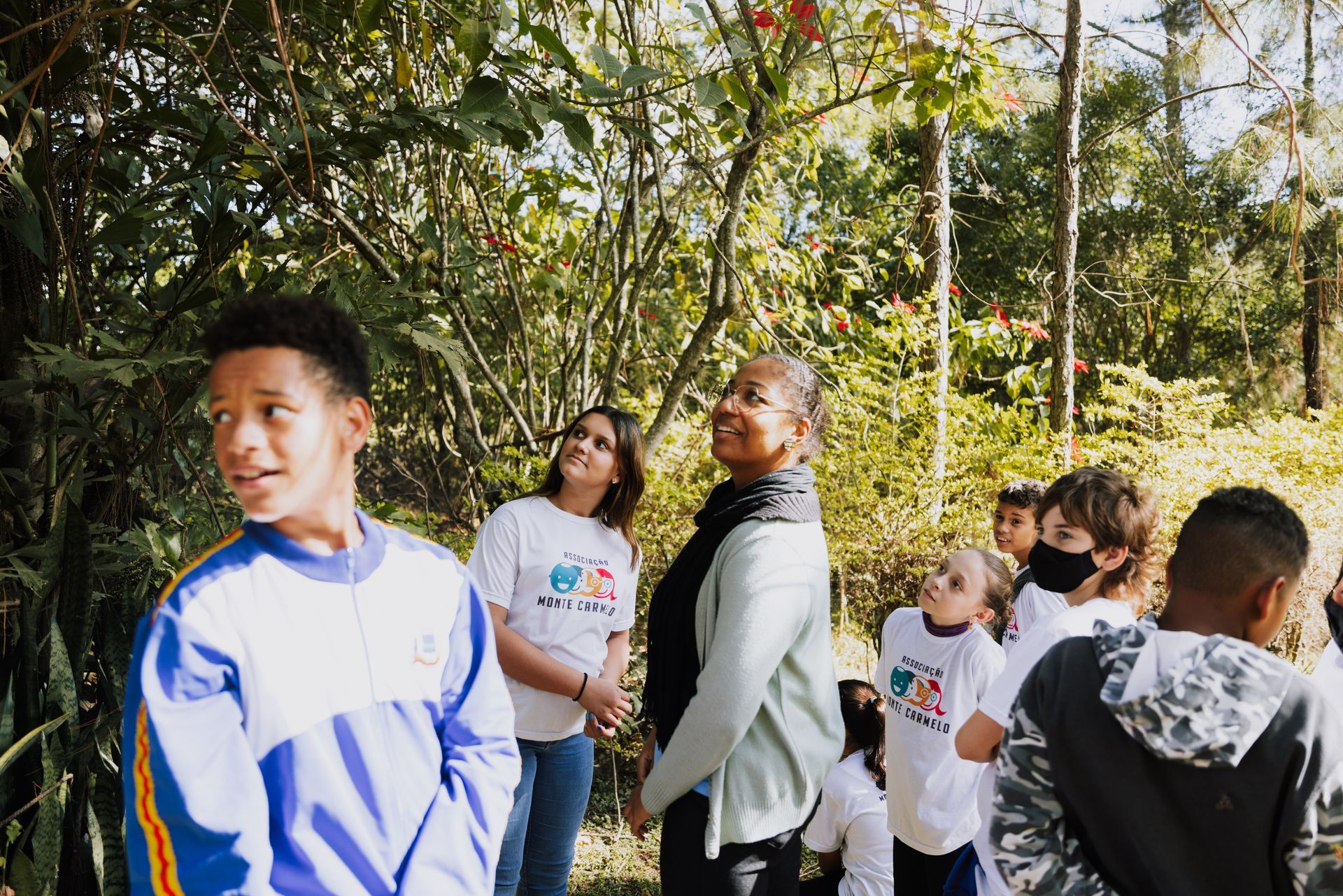 A group of people are standing in a forest looking at trees.