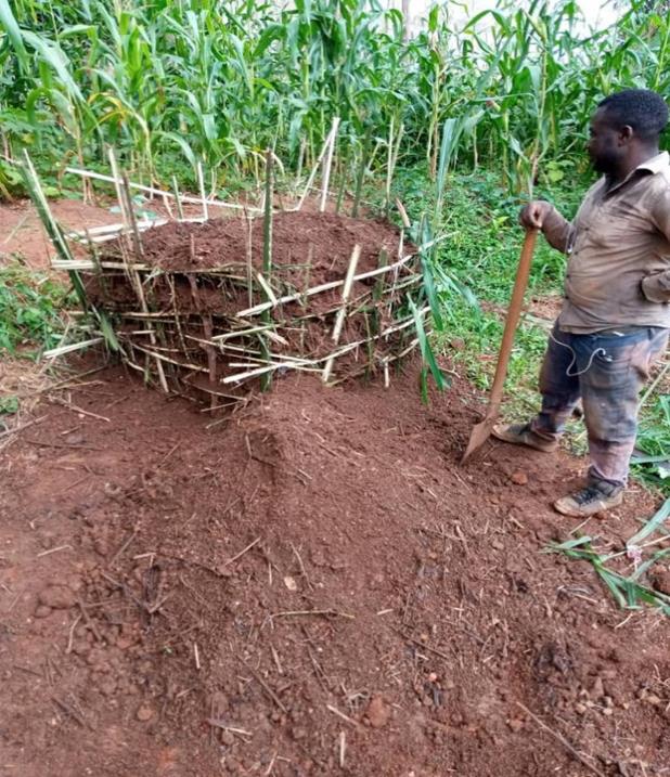 A man is standing in the dirt holding a shovel.