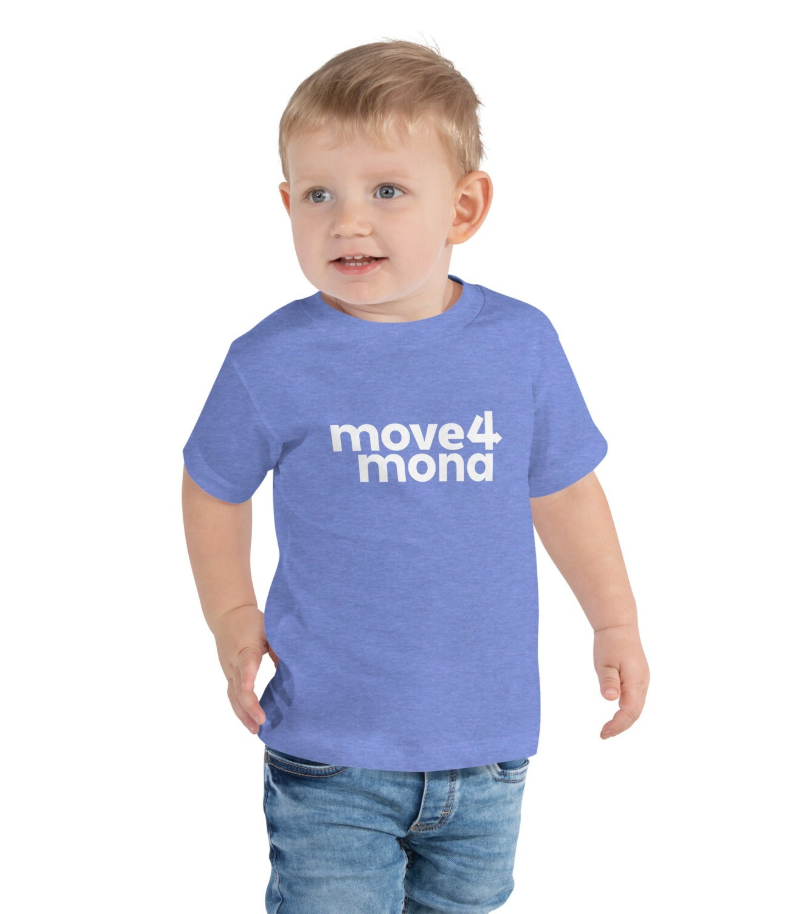 A blue shirt for toddlers that has the Move4Mona logo