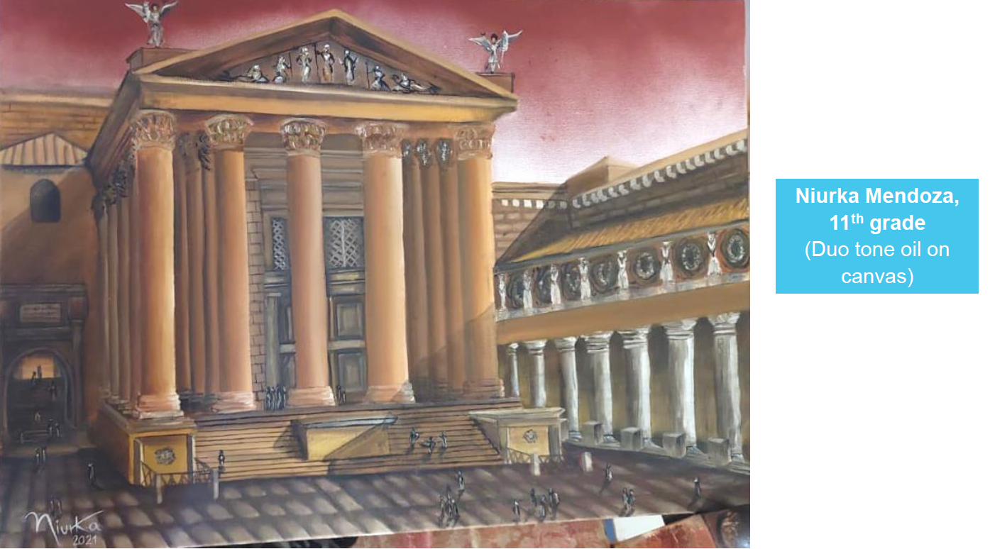 A painting of an ancient building with columns and a roof