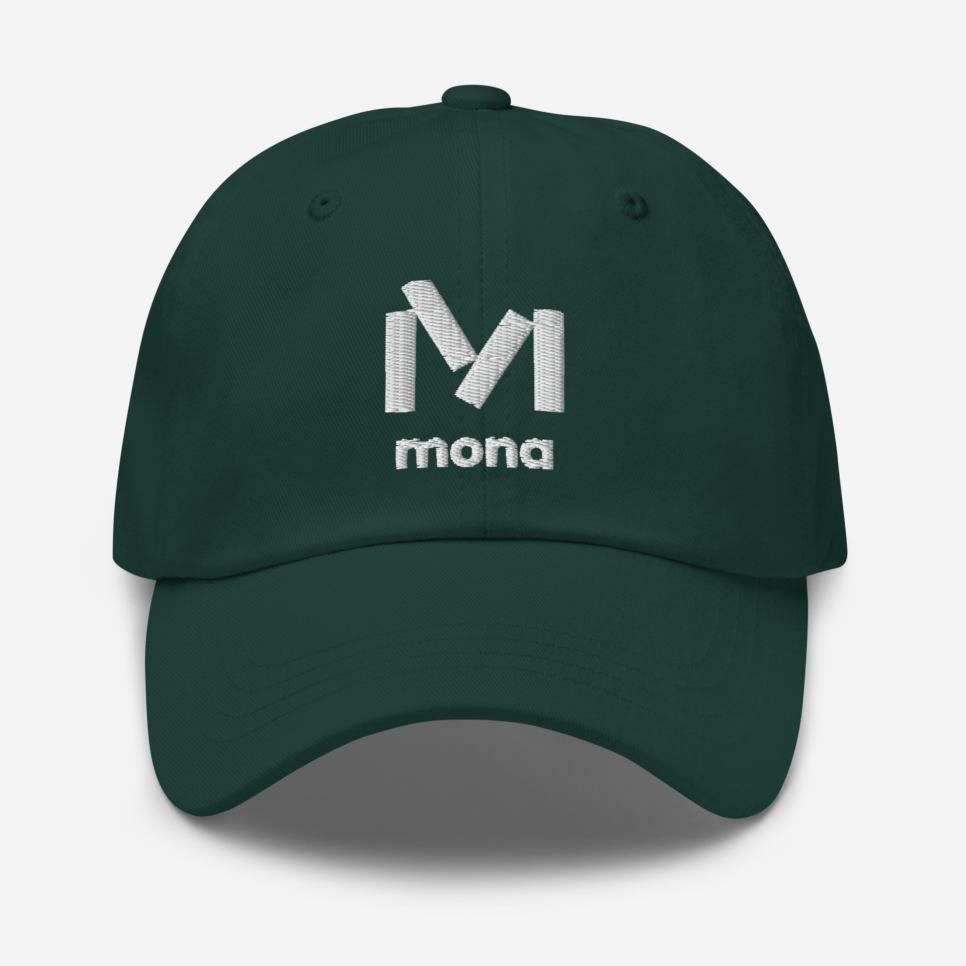 A green cap with a white Mona logo