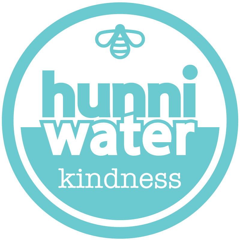 The logo for hunni water kindness is a blue circle with a bee on it.