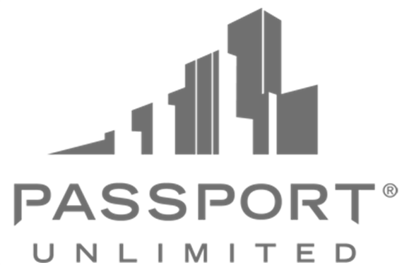 A logo for passport unlimited with a building in the background.