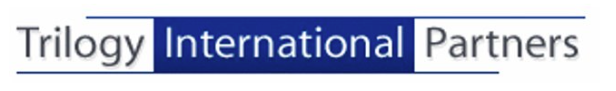 A blue and white logo for trilogy international partners