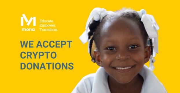 A little girl is smiling in front of a yellow background with the words `` we accept crypto donations ''.