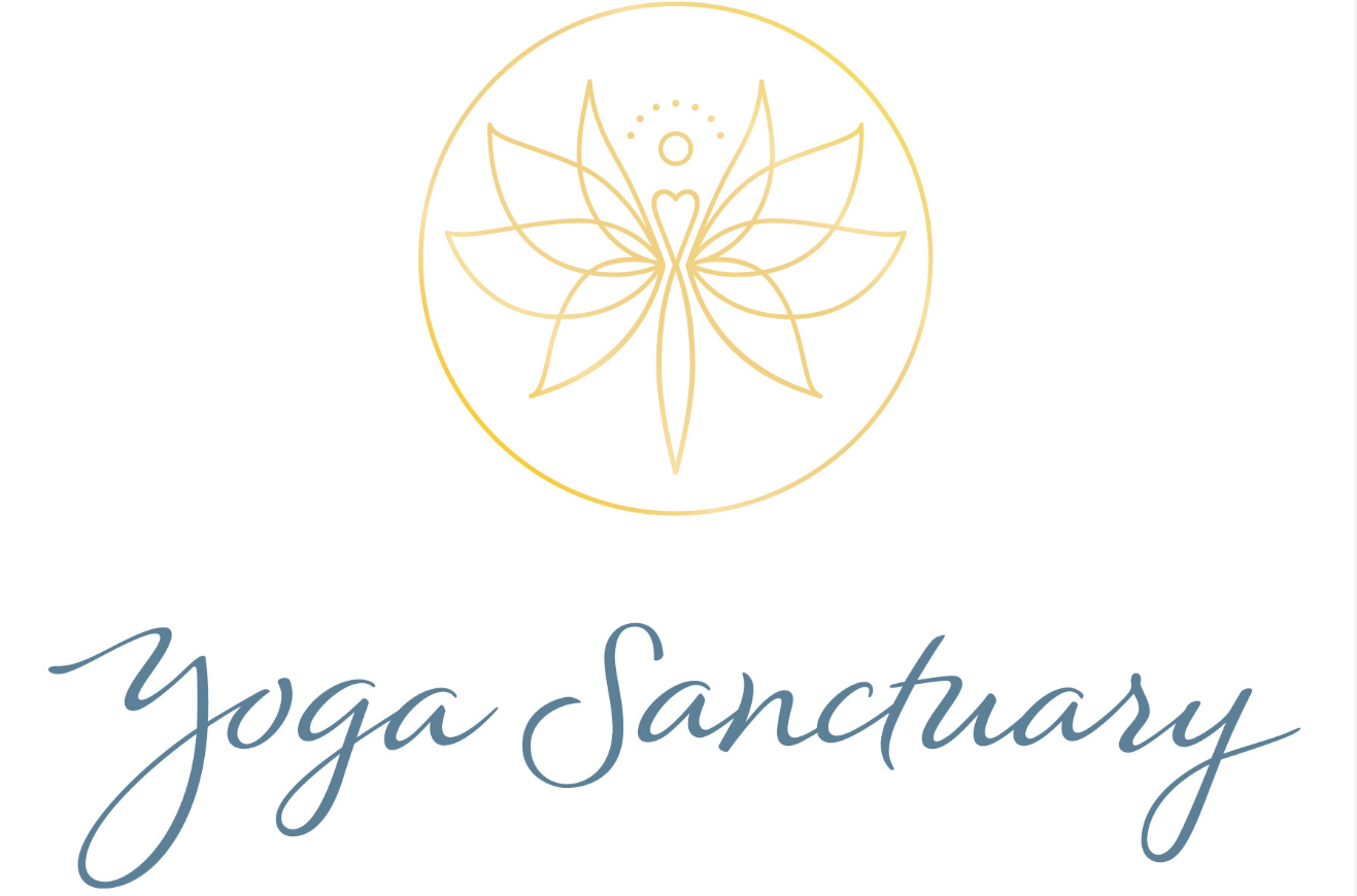 A logo for a yoga sanctuary with a lotus flower in a circle.