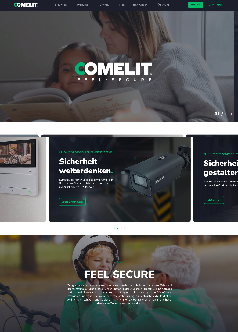 Startseite der Comelit Group Website „Feel secure“ für Sicherheitstechnik und Gebäudekommunikation