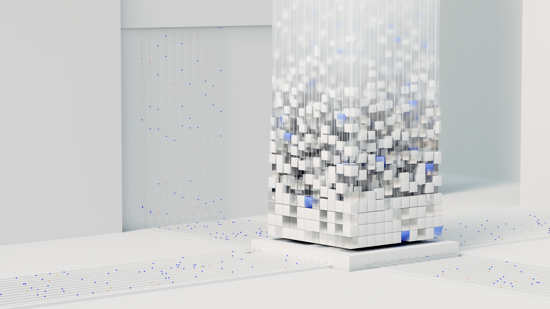 Abstrakte, weiß-silberne digitale Skulptur mit kaskadenartigen, pixelartigen Blöcken in einem minimalistischen Raum