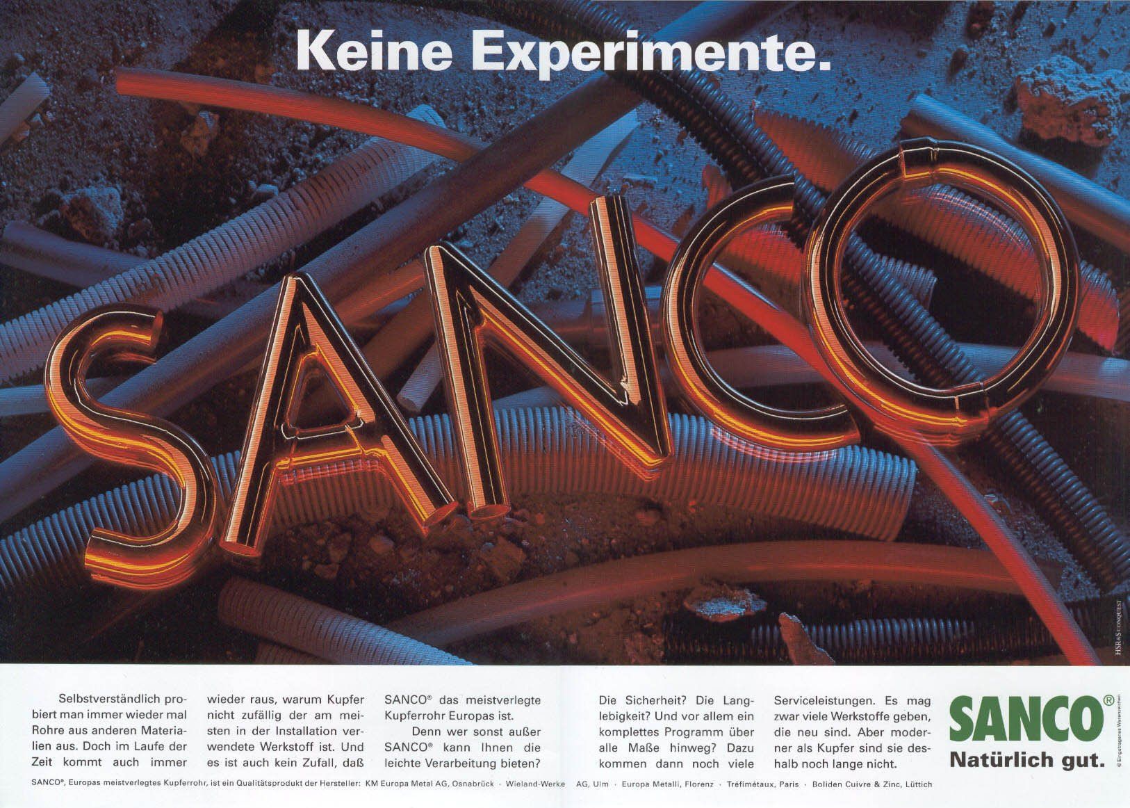 An advertisement for sanco says keine experimente