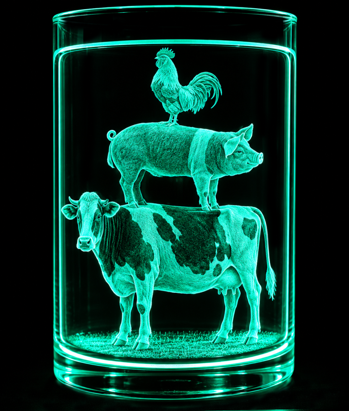 Neon cyan glass cylinder with stacked cow, pig, and rooster figures inside