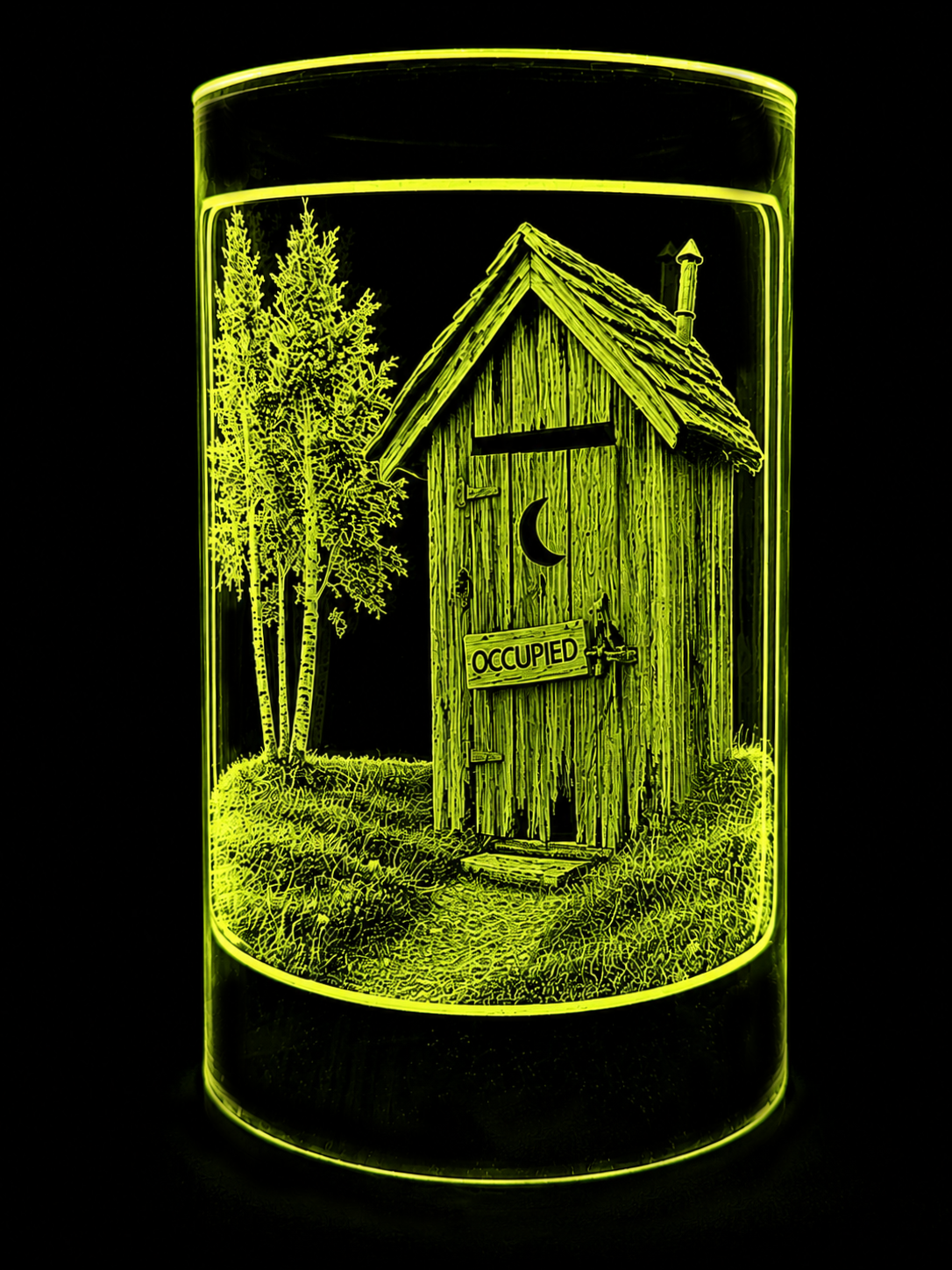 Neon yellow line art of an outhouse and tree inside a glowing cylindrical frame on black background