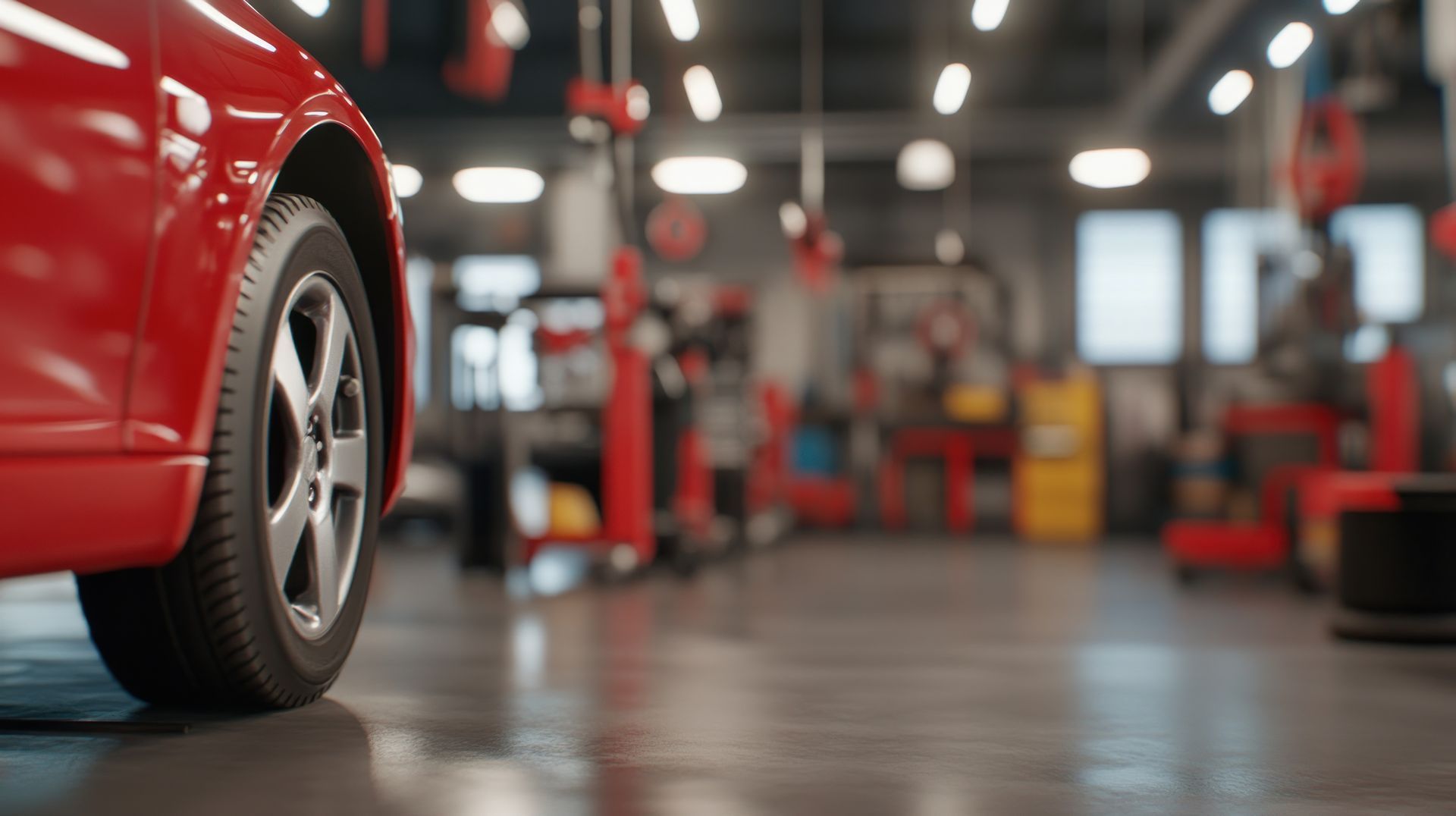 Red car tire in an auto repair shop with tools and equipment in the background.