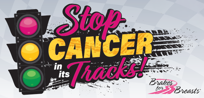 Stop Cancer in its Tracks poster with pink ribbon, traffic light graphic, and free brake pads fundraiser details