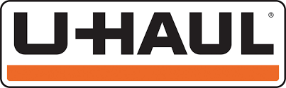 U-Haul logo with black letters on white background with an orange stripe.