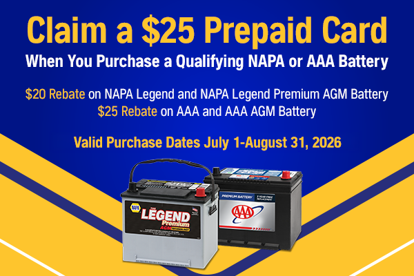 Promotional banner for $25 prepaid card with NAPA/AAA battery purchase, blue and yellow background, battery images