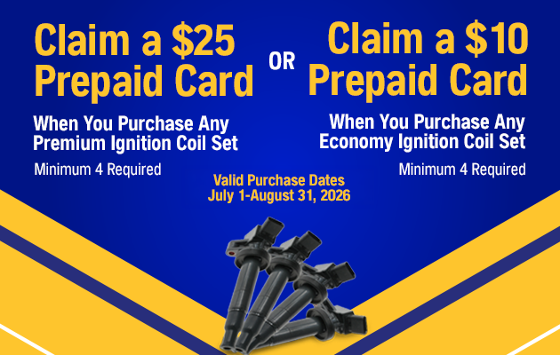 Blue promo banner offering $25 or $10 prepaid card for purchasing eligible ignition coil sets.