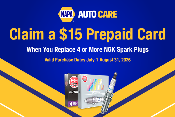 NAPA Auto Care ad for $15 prepaid card with 4 NGK spark plugs, blue and yellow background
