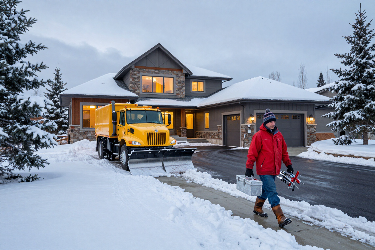 Snow plow and handyman work at a Bozeman property in winter